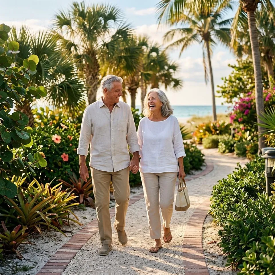 Illustrative retired couple enjoying a Florida garden walk